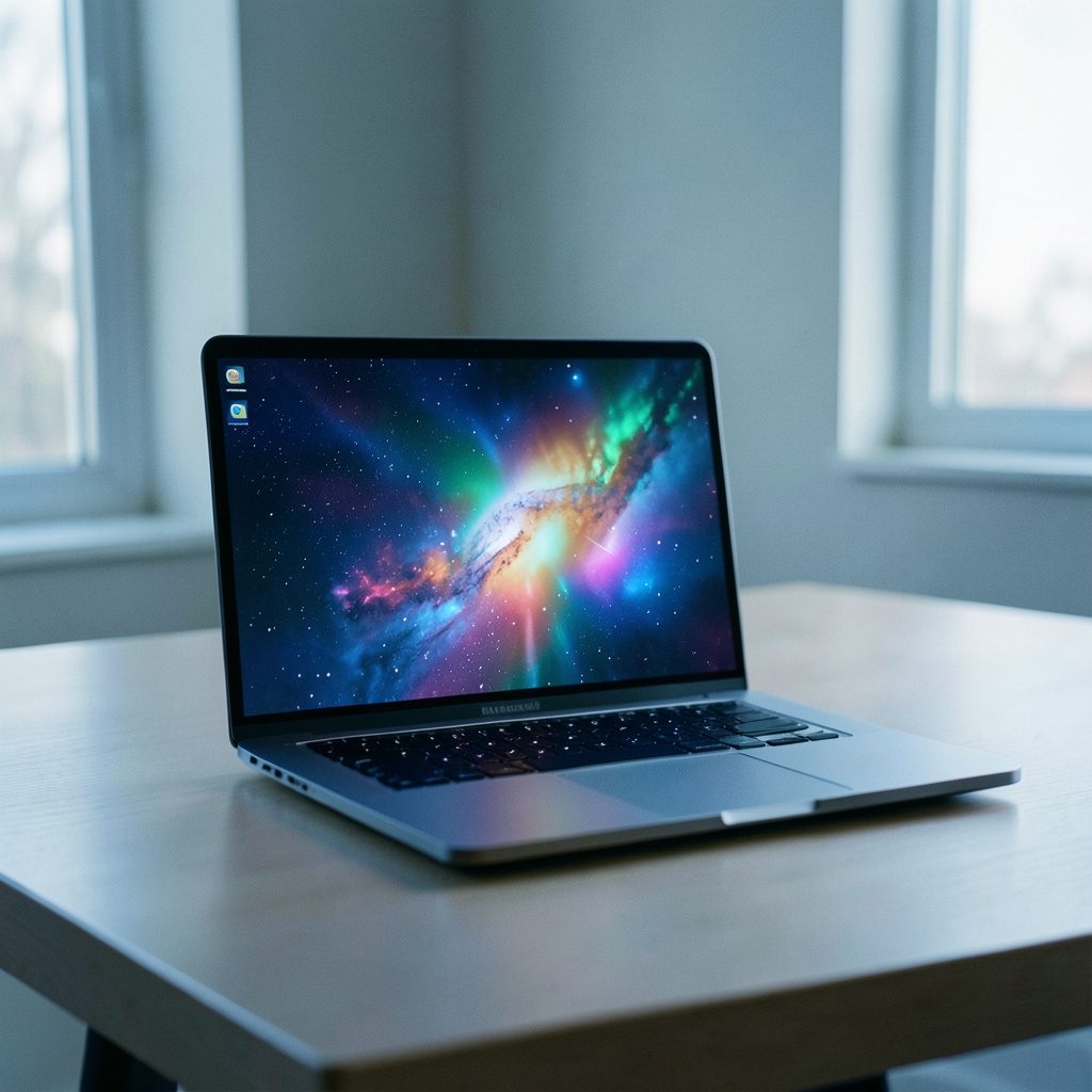 Laptop tipis modern dengan layar OLED cerah menampilkan grafik warna-warni, diletakkan di atas meja kerja minimalis dengan cahaya lembut