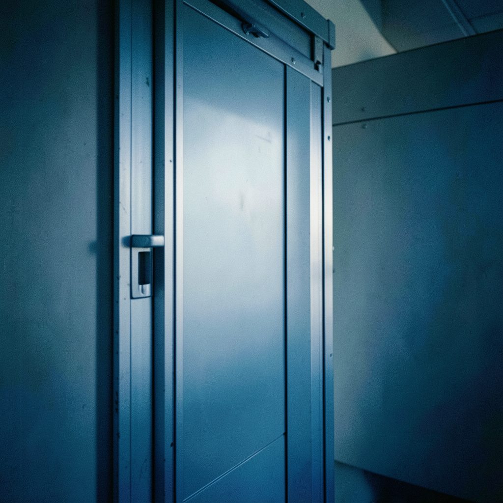Pintu sliding aluminium modern dengan bingkai ramping dan panel kaca bening, dipasang pada dinding putih bersih