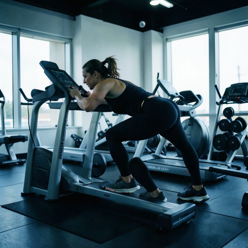 Peralatan olahraga fitnes di ruangan terang, dumbel dan matras yoga tertata rapi